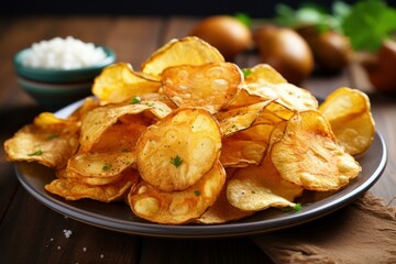 Addictive Plates potato chips snack. Diet top view. Generate Ai - 748471925