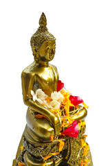 Showering the buddha statues with water and flower. Thai tradition, Songkran festival concept