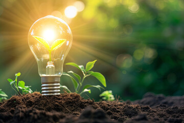A plant sprouting within an energy-efficient light bulb - obrazy, fototapety, plakaty