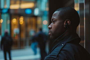 Security officer listening to an earpiece