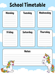 School timetable with magic unicorn. For the education of children. Isolated on a white background. With a cute cartoon character.