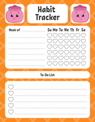 Habit tracker for kids. Sheet template for printing. With cute character. Vector illustration.