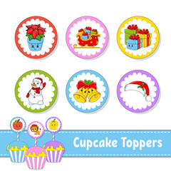 Fototapeta premium Cupcake Toppers. Set of six round pictures. cartoon characters. Cute image. For birthday, baby shower. Isolated on white background. Vector illustration.