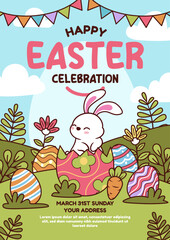 Happy easter vector poster template with colorful eggs, bunny, and flowers