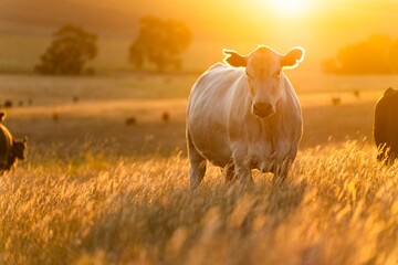 stud cattle, herd of fat cows and calves in a field on a regenerative agriculture farm. tall dry grass in summer in australia - obrazy, fototapety, plakaty