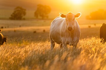 stud cattle, herd of fat cows and calves in a field on a regenerative agriculture farm. tall dry...