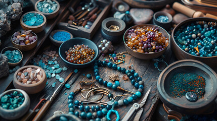 Jewelry making flatlay with semi-precious stone beads, crafting elegance and beauty. Get inspired by this stunning array of colorful gemstones. Generative Ai

