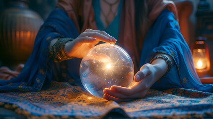 Hands of a female fortune teller delicately hover around a mesmerizing crystal ball, revealing the secrets of the future, guided by intuition and mystery, Generative Ai.

 - obrazy, fototapety, plakaty