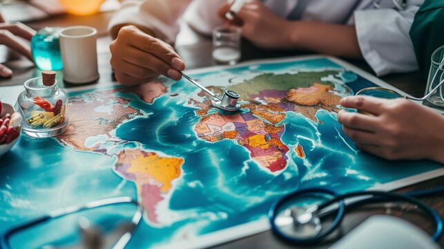 Doctors and nurses casting healing spells on a world map with a stethoscope wand.