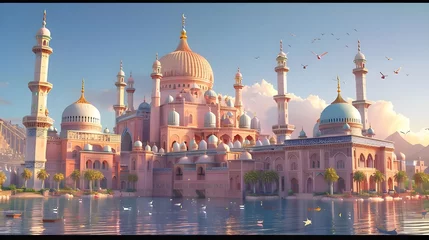 Foto op Canvas A beautiful pink mosque with many spires, accompanied by birds in the sky. © swanlin