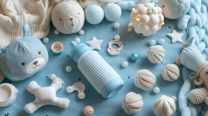 Flat lay with baby sleep accessories including milk bottles, creating a cozy nursery ambiance. Enhance your ad with this serene scene, Generative Ai.

