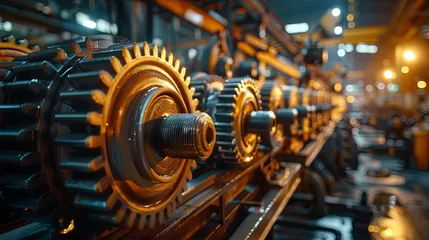 Fotobehang Close-up of metal gears and machinery in an industrial manufacturing plant, showcasing precision and engineering. © soysuwan123