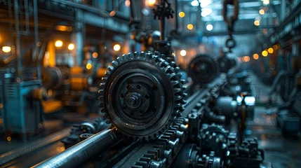 Fotobehang Close-up of metal gears and machinery in an industrial manufacturing plant, showcasing precision and engineering. © soysuwan123