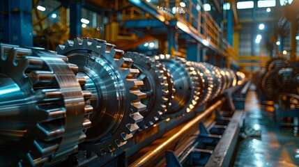 Close-up of metal gears and machinery in an industrial manufacturing plant, showcasing precision and engineering. - obrazy, fototapety, plakaty