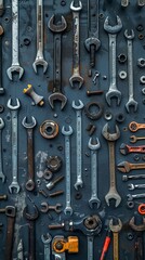 Fototapeta premium A variety of hand tools and wrenches meticulously organized on a workshop wall, showing order and precision.