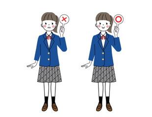 丸とバツのプラカードを出している制服姿の女子生徒