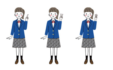 指で１，２，３の数字を出している制服姿の女子生徒のイラストセット