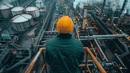 Fototapeta premium A worker in high-visibility clothing surveys the complex infrastructure of an industrial plant from an elevated platform.
