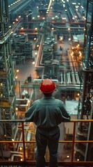 A worker in high-visibility clothing surveys the complex infrastructure of an industrial plant from an elevated platform.