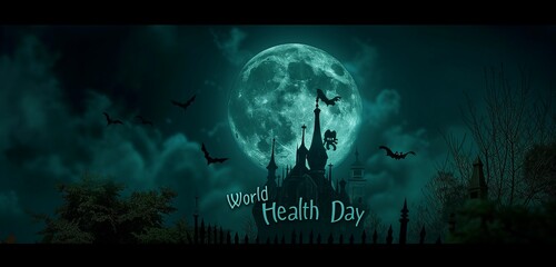 "World Health Day" in a spooky, gothic font on a full moon night background.