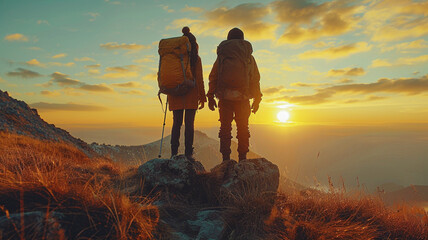 couple  with backpacks standing on the top of the hill and   enjoying beautiful  sunset 