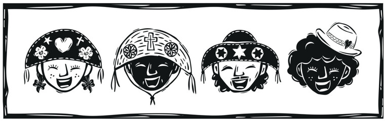 Boys and girls with cangaço hats. Hand drawn in the northeastern cordel style. Smiling and happy