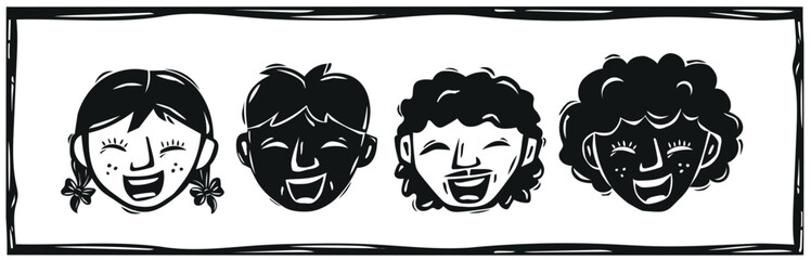 Set of characters drawn in woodcuts in cordel style. Boys and girls, white and black. Vector illustration