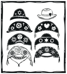 Typical hats from the Brazilian northeast in the woodcut style. Leather hat, Cangaço, Cordel