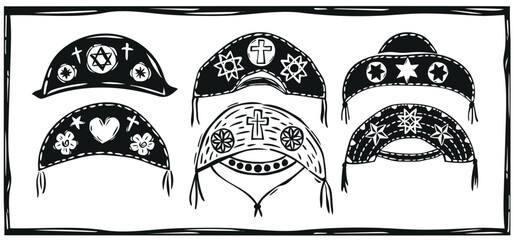 Set of northeastern Cangaceiro hats. Woodcut in the Brazilian cordel style. Vector illustration
