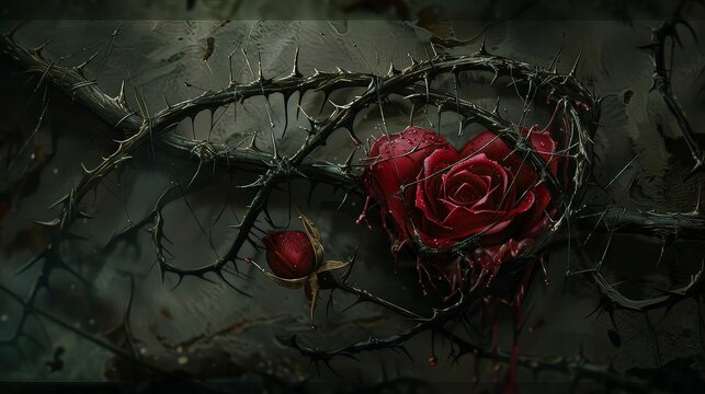 Heart and rose bound by sharp thorns in a gothic embrace symbolizing painful love