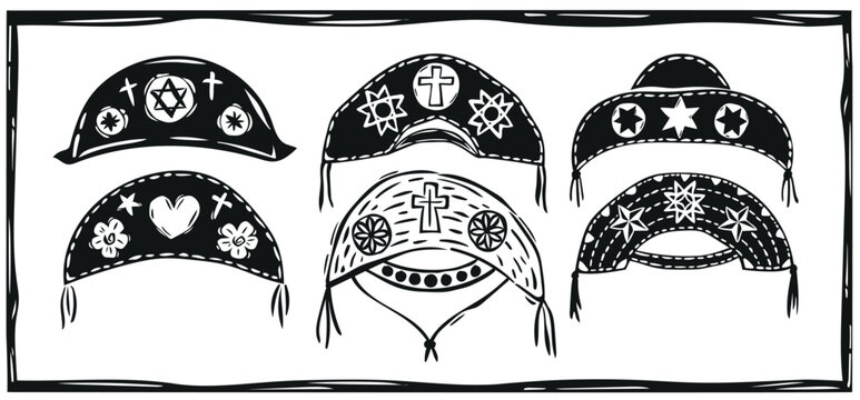 Set of northeastern Cangaceiro hats. Woodcut in the Brazilian cordel style. Vector illustration