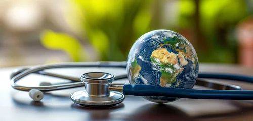 Fotobehang A stethoscope entwined with a globe symbolizing global healthcare © yasi arts