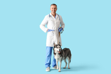 Naklejka na ściany i meble Male veterinarian with cute husky dog on blue background