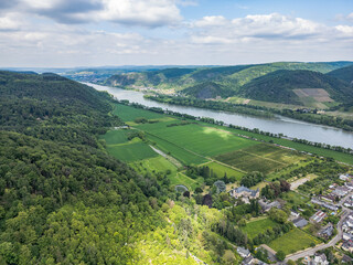 Aerial view of City Andernach Namedy and the Rhine river valley on a sunny summer day - 748475955