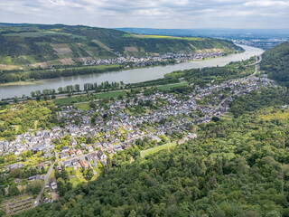 Aerial view of City Andernach Namedy and the Rhine river valley on a sunny summer day - 748476146