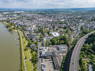 Andernach, Germany - Aerial view of the town of Andernach by the famous Rhine river in summer on a sunny day - 748476325