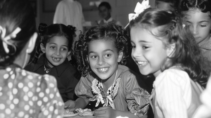 Smiling children of various ethnicities eagerly participate in a handson activity at a multicultural exhibition learning about each others customs and traditions.