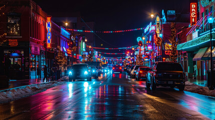 The neon lights and signs of local businesses lighting up the streets creating a vibrant and lively atmosphere that draws in passersby. - obrazy, fototapety, plakaty