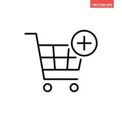 Black single add to cart line icon, simple shopping cart with addition mark flat design vector pictogram, interface elements for app logo web button ui ux isolated on white background