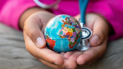 A world map painted on a stethoscope being held by a medical professional.
