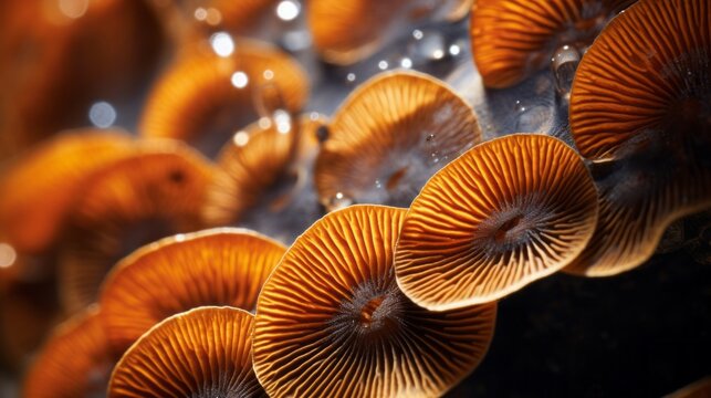 Beautiful orange peach texture of Sajor kaju mushrooms on a black background. The gills are visible on the underside.