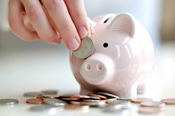 A hand depositing a coin into a piggy bank for savings