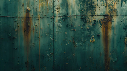 Old green paint on the metal, drips of rust and grunge create a nostalgic atmosphere, evoking memories of a bygone era. Generative AI

