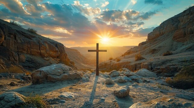 Jesus christ crucifix cross calvary sunset background good friday he risen easter day good friday jesus death on crucifix world christian holy spirit religious cross spiritual sunrise christian Christ - Powered by Adobe
