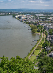 Andernach, Germany - Aerial view of the town of Andernach by the famous Rhine river in summer on a sunny day - 748476952
