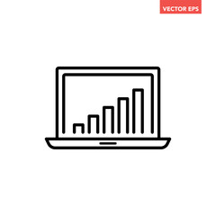 Black single data analysis on monitor line icon, simple financial dashboard admin flat design vector pictogram infographic interface elements for app logo web button ui ux isolated on white background
