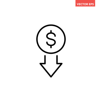 Single black dollar rate decrease line icon, simple currency down arrow flat design vector pictogram, infographic interface elements for app logo web button ui ux isolated on white background