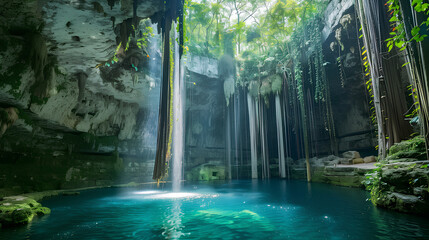 A breathtaking cenote illuminated by natural light, featuring hanging roots and crystal-clear turquoise waters.
