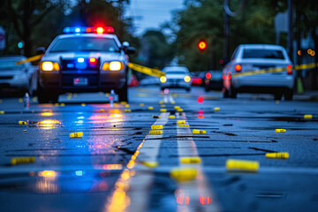 A police car at a crime scene marked with evidence indicators - obrazy, fototapety, plakaty