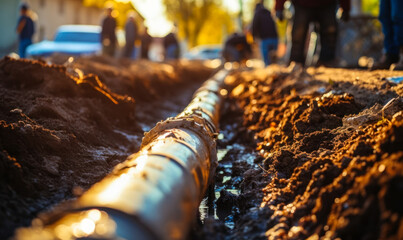 Underground water pipeline installation in trench, infrastructure development for urban water supply system, civil engineering construction